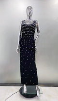 Top Quality Women Sleeveless Sexy O-Neck Shinning Crystal Bodycon Bandage Long Dress Evening Party Celebrate Cocktail Outfit black