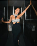 Luxury Shining Diamonds Sexy Hollow Out Halter Sheath Black Ankle Length Dress Party Dress Celebrity Birthday Vestido