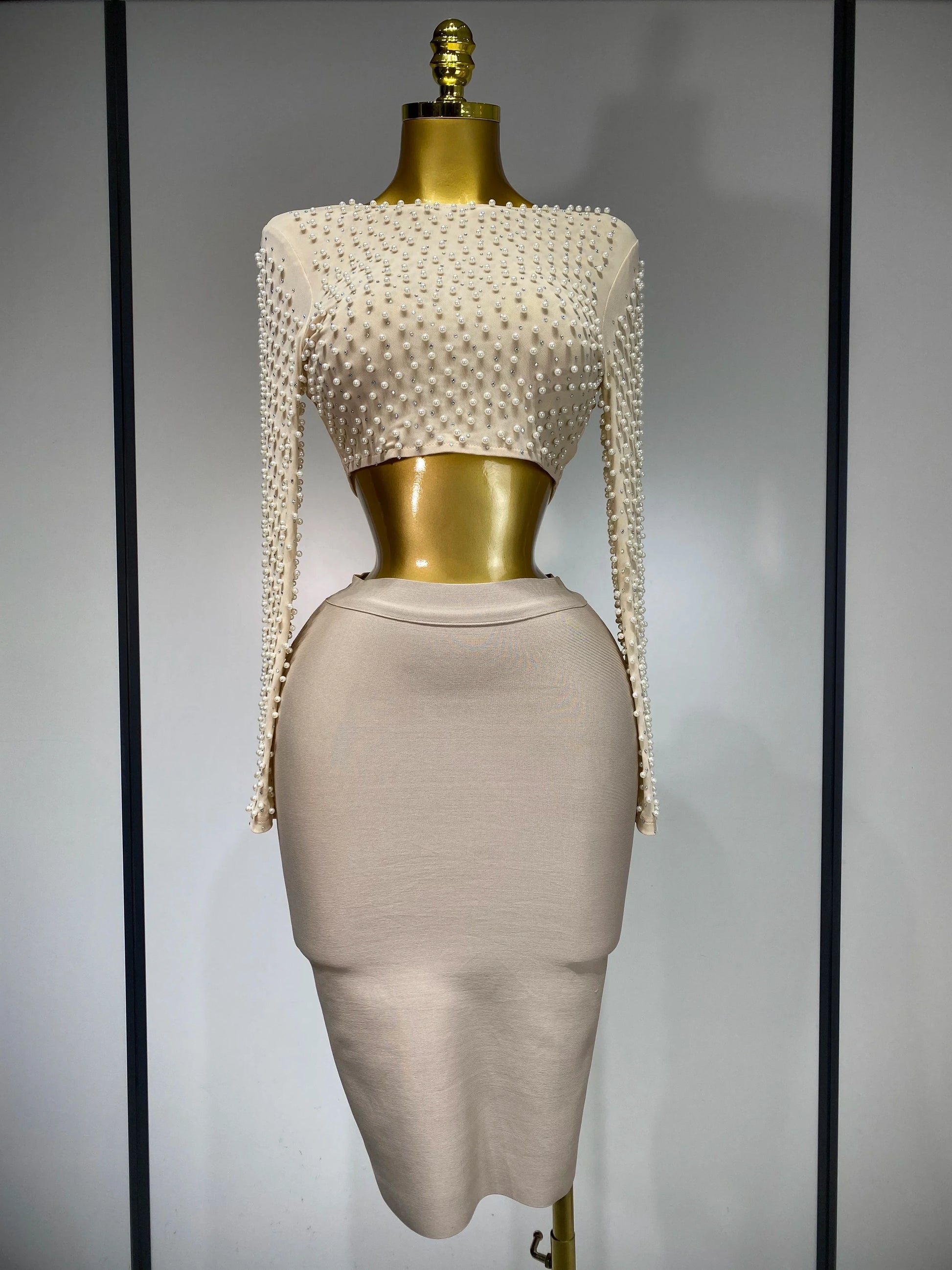 Women Sexy Long Sleeve Mesh Pearl Black Top Celebrity Midi Women Bandage Set Designer Evening Party Birthday Two Piece Set Beige