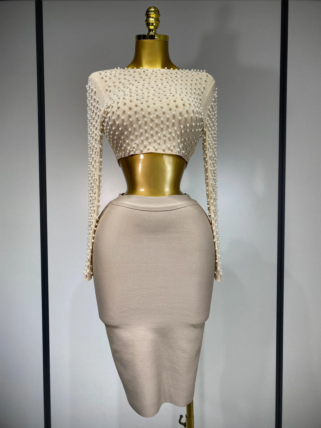 Women Sexy Long Sleeve Mesh Pearl Top Celebrity Midi Women Bandage Set Designer Evening Party Luxury Birthday Two Piece Set Beige