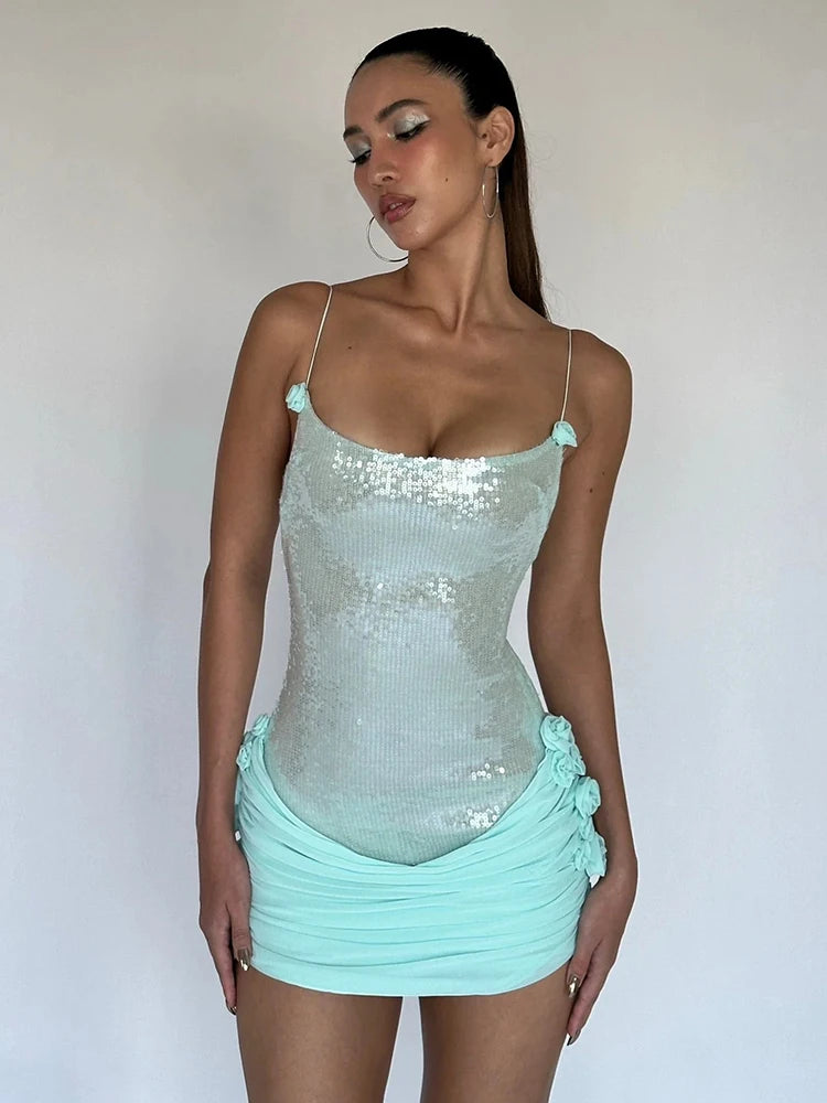 Sparkling Sequin Embellished Strappy Mini Dress for a Glitzy Party Night Gown