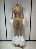 Shiny Diamond Mesh See Through Bodycon Jumpsuit Women Sexy Long Sleeve Performance Singer Costume Nightclub Stage Outfit Khaki