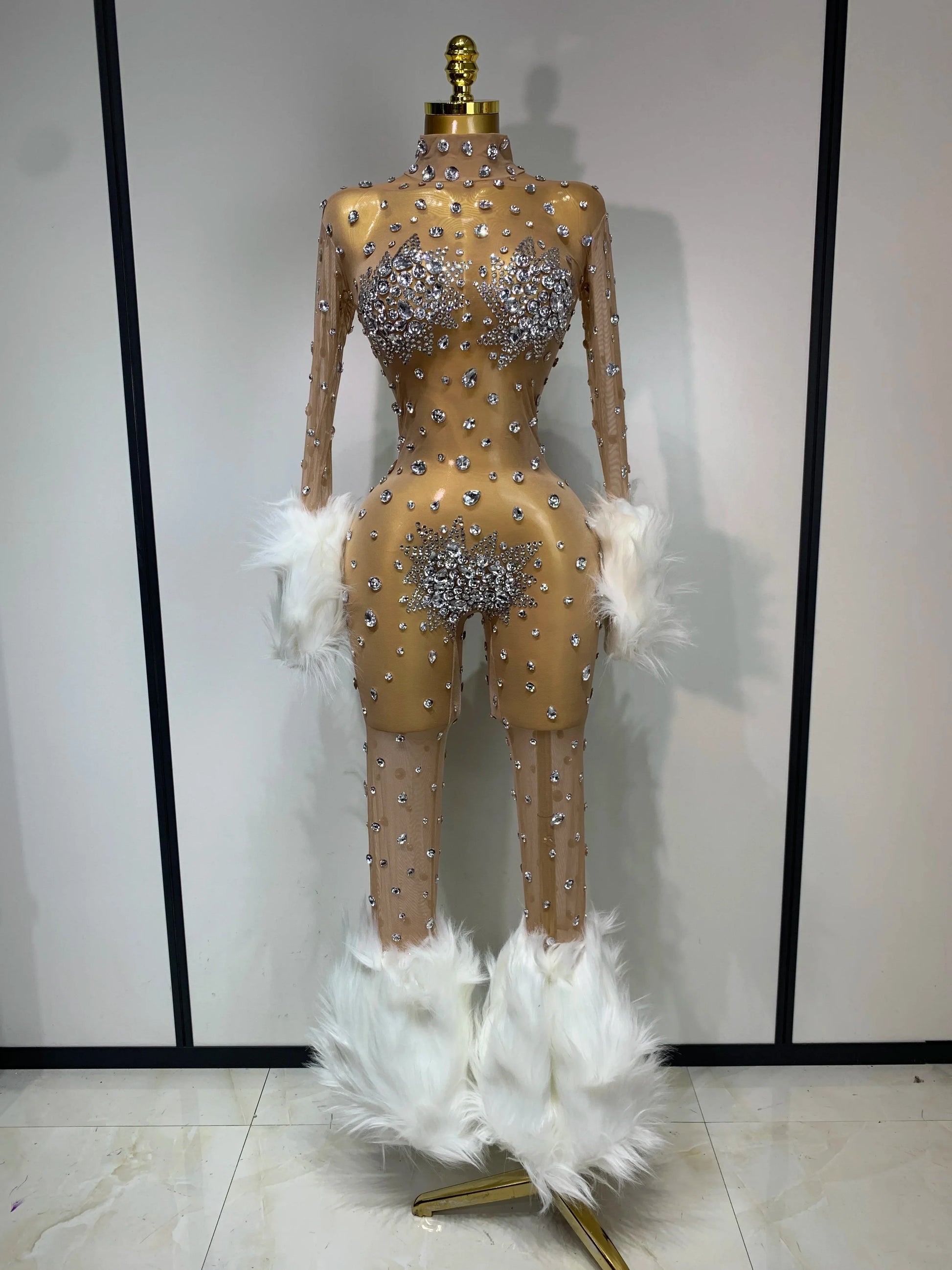 Shiny Diamond Mesh See Through Bodycon Jumpsuit Women Sexy Long Sleeve Performance Singer Costume Nightclub Stage Outfit Khaki