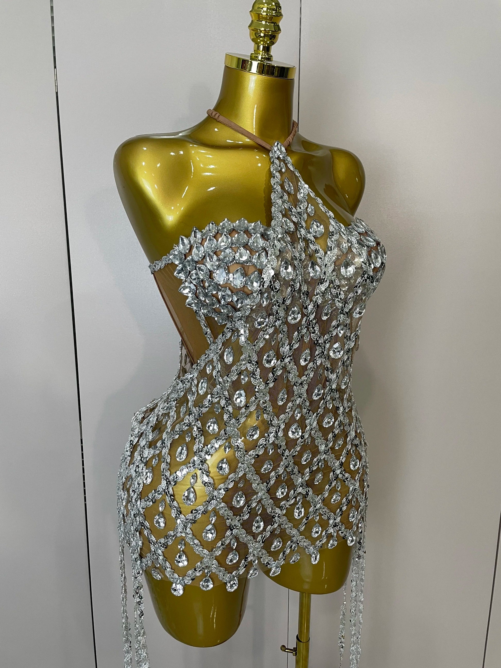 Sparkly Sequin Diamond MeshTransparent Top Dress Two Piece Set Women Sexy Evening Party Celebrate Birthday Photo Shoot Wear