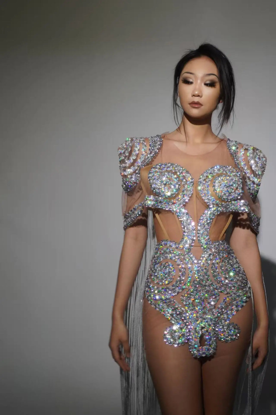 Shinning Sequins Women Sexy mesh See Through Cloak Sleeve Sexy Bodycon Mini Dress Nightclub Party Bar Singer Performance Costume Silver