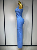 Women Sparkly Rhinestone Bandage Long Dress Elastic Sleeveless Bodycon High Street Evening Club Party Elegant Birthday Gowns