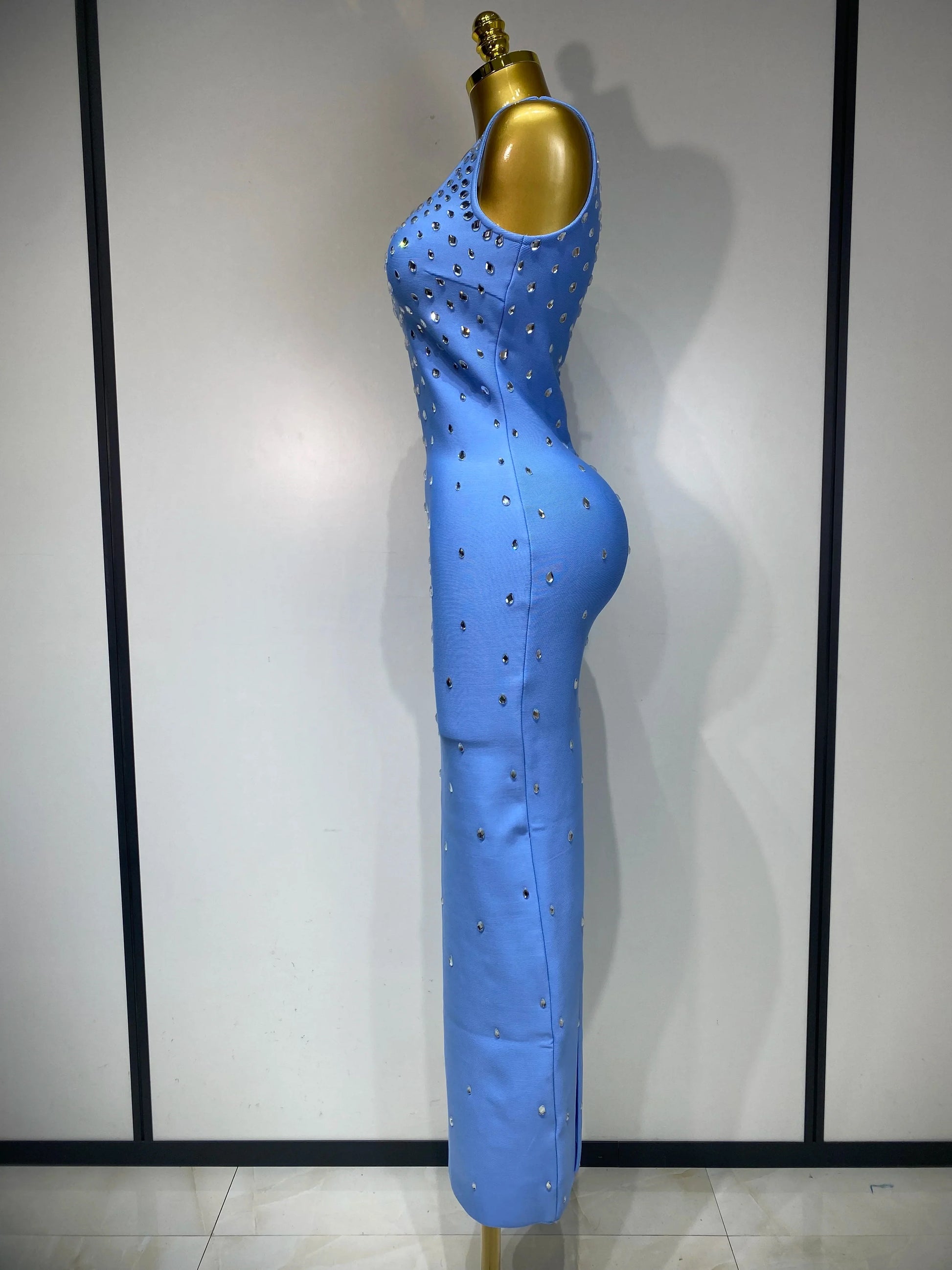 Women Sparkly Rhinestone Bandage Long Dress Elastic Sleeveless Bodycon High Street Evening Club Party Elegant Birthday Gowns