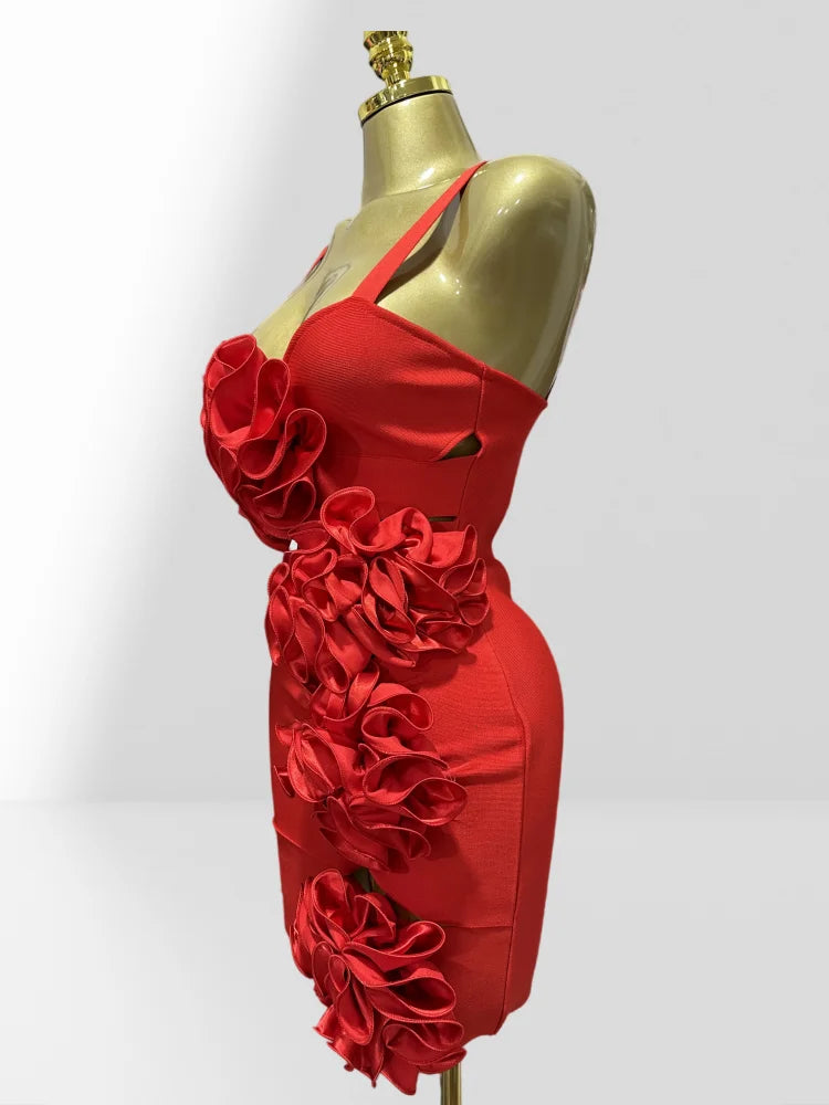 Summer Stereoscopic Flowers Sexy Hollow Out Spaghetti Red Bandage Mini Dress Sweet Woman Party Dress Birthday Party Vestido
