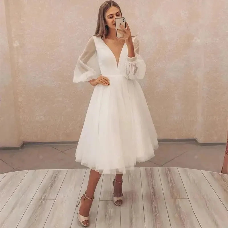 Vestido De Novia Deep V-neck Puffy Sleeve Short Wedding Dress Robe De Mariée Bride To Be Vestido De Fiesta De Boda 14w