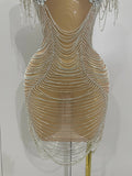 Sparkly Diamonds Crystal Sexy Mesh See Through Mini Dress Women Birthday Party Club Celebrate Stage Performance Costume