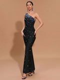Sexy Women Light Luxury Nail Bead Bandage Dress One Shoulder Slant Neck Sleeveless Bodycon Tail Dress Evening Party Vestido