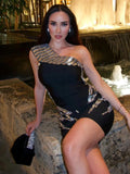 Sparkling Diamonds One Shoulder Black Mini Bandage Dress Fashion Woman Eveninbg Celebrity Birthday Party Outfit