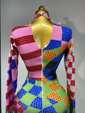 Colorful Printed Sparkly Rhinestones Jumpsuit Women Sexy Long Sleeve Performance Dance Costume Stage Evening Party Club Outfit