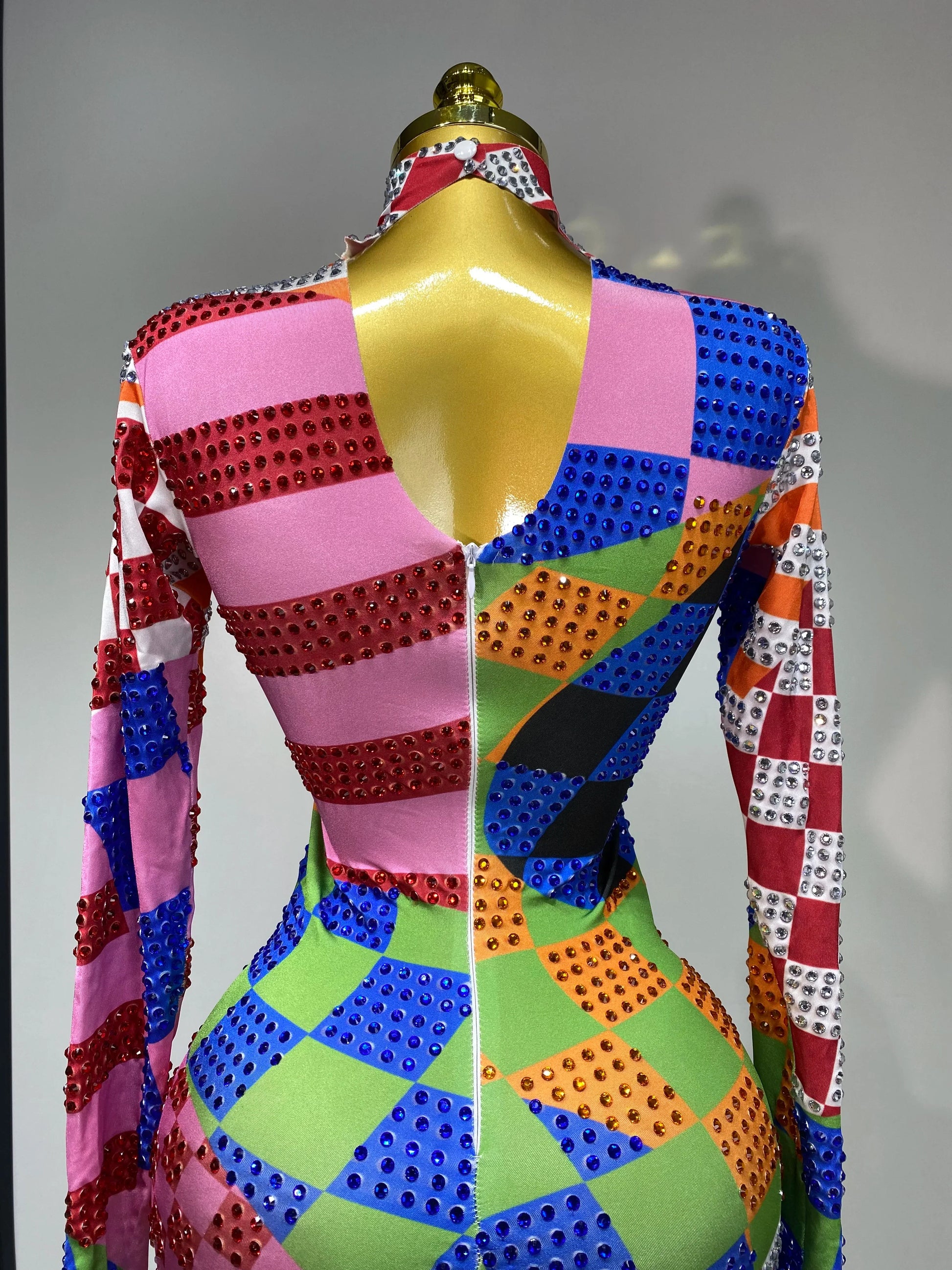 Colorful Printed Sparkly Rhinestones Jumpsuit Women Sexy Long Sleeve Performance Dance Costume Stage Evening Party Club Outfit