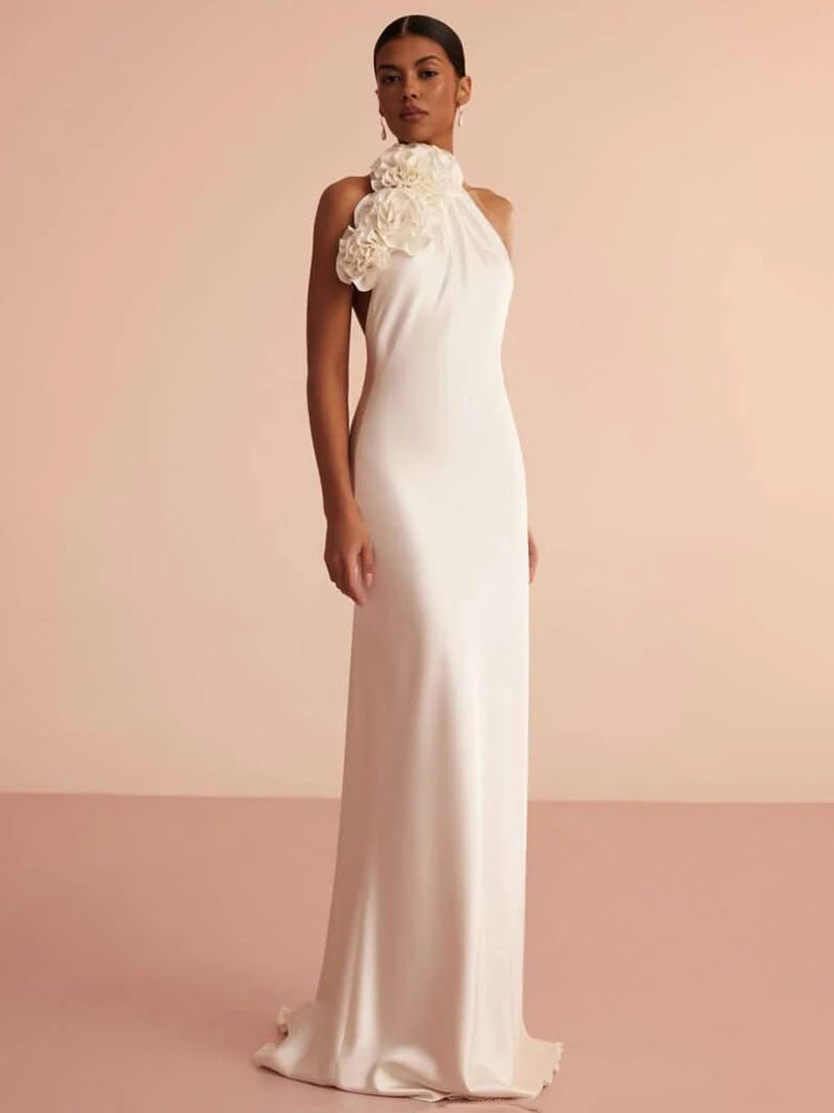 White Satin Halter Backless Long Dress For Women Sleeveless Flowers Embellished Slim Prom Elegant Evening Party Gowns