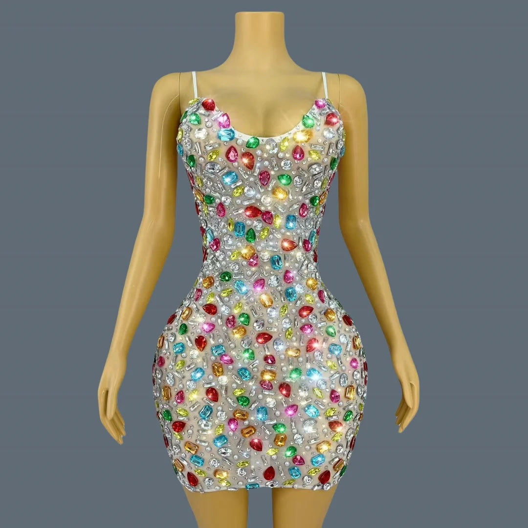 Multicolour Sparkly Rhinestone Sexy Strap Dress Women Nightclub Prom Skinny Dress Birthday Celebrate Prom Mini Dress Caixing as shown