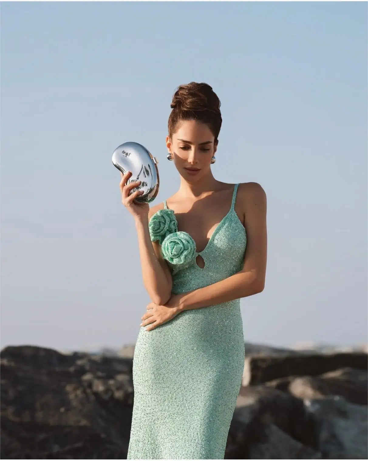 Summer Mint Green Sequins Spaghetti Strap Ankle Length Dress Graceful Woman Evening Party Dress Holiday Vocation Outfit