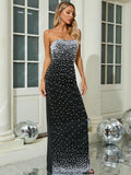Black Strapless Pearls Embellished Long Dress For Women Sleeveless Beaded Bodycon Party Cocktail Evening Gown