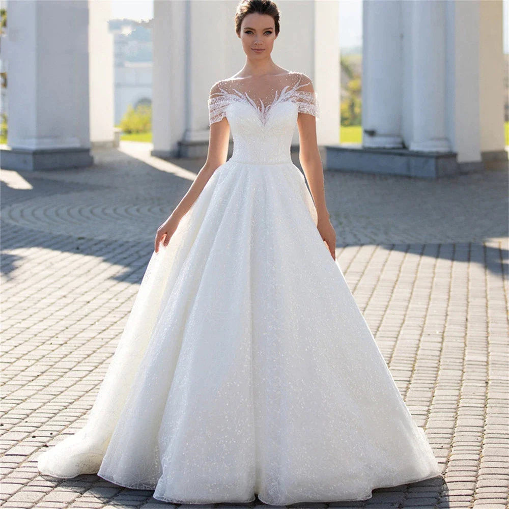 Glänzend vom Schulter Hochzeitskleid für Braut Mode Glitzer Spitze A-Line Brautkleider bodenlange maßgeschneiderte Gillter