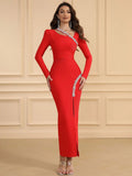 Spring Sexy Women's Nail Diamond Design Bandage Dress O-Neck Long Sleeve Bodycon Split Length Dress Evening Party Vestidos Red