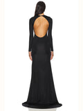 Sophisticated Long Sleeved Black Maxi Dress with Cut-Out and Open Back for Gala Affairs Evening Gown