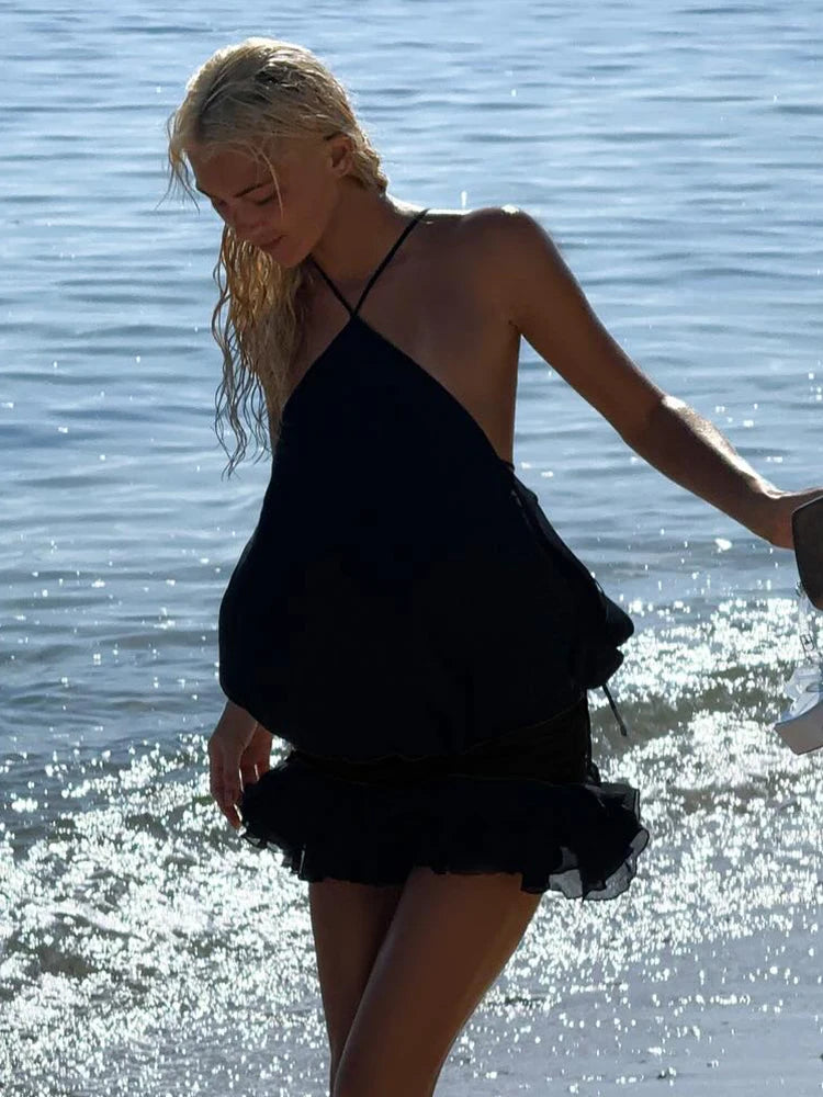 Edgy Black Halter Sleeveless Mini Dress Gown with Open Back for Trendy Parties