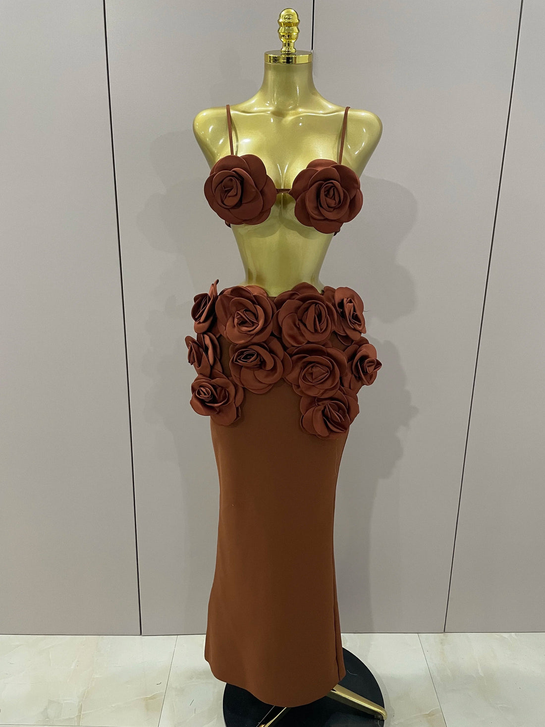 Sexy Camisole Floral Bandage Long Skirts 2-Piece Set Women Celebrity Elegant Party Cocktail Prom Gown Nightclub Outfit Dark Brown