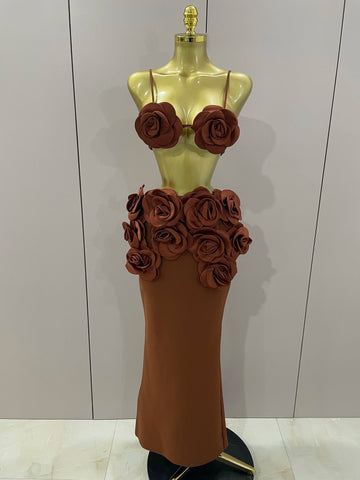Sexy Camisole Floral Bandage Long Skirts 2-Piece Set Women Celebrity Elegant Party Cocktail Prom Gown Nightclub Outfit Dark Brown