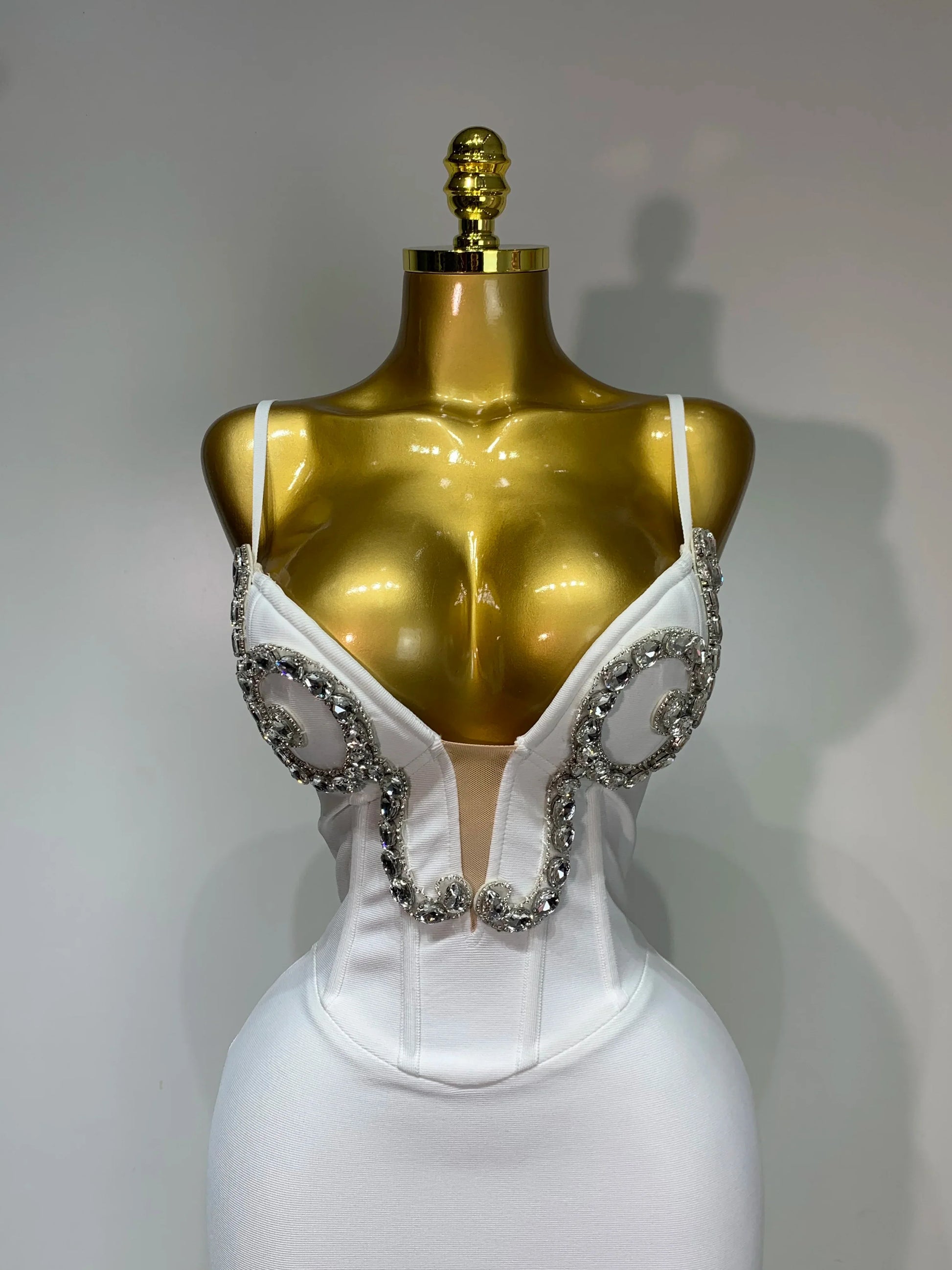 Women Sexy Spaghetti Strap V Neck Crystal Sleeveless Bandage Dress White Elegant Evening Party Cocktail Luxury Birthday Gowns