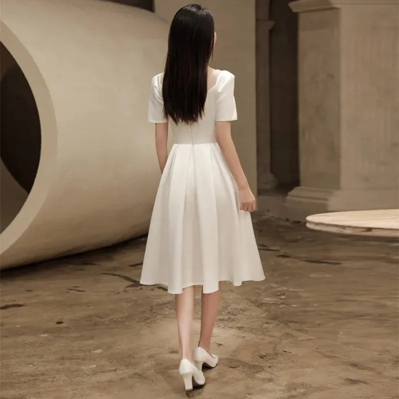 White Satin Bride Wedding Dress Elegant Slim Evening Prom Dresses for Women Summer A-LINE Wedding Photos Formal Party vestidos 1