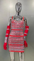 Dazzling Diamonds Strapless Mini Dress And Oversleeve 2 Pieces Fashionable Woman Birthday Party Outfit Performances Costume Red
