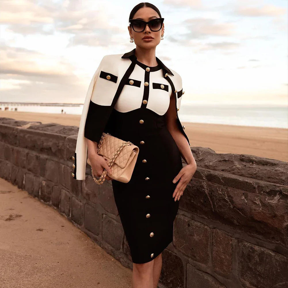 s Fashionable Women's Bandage Set Golden Buttons White Patchwork Black Coat And Sleeveless Bodycon MIini Dress