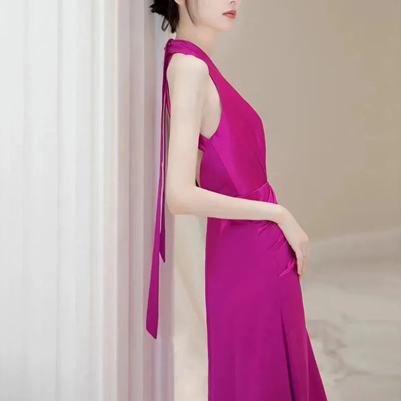 Luxury French Rose Red Satin Floor-length Bride Wedding Dress Sexy Halter Backless Gown Wedding Evening Prom Dresses for Women Rose red