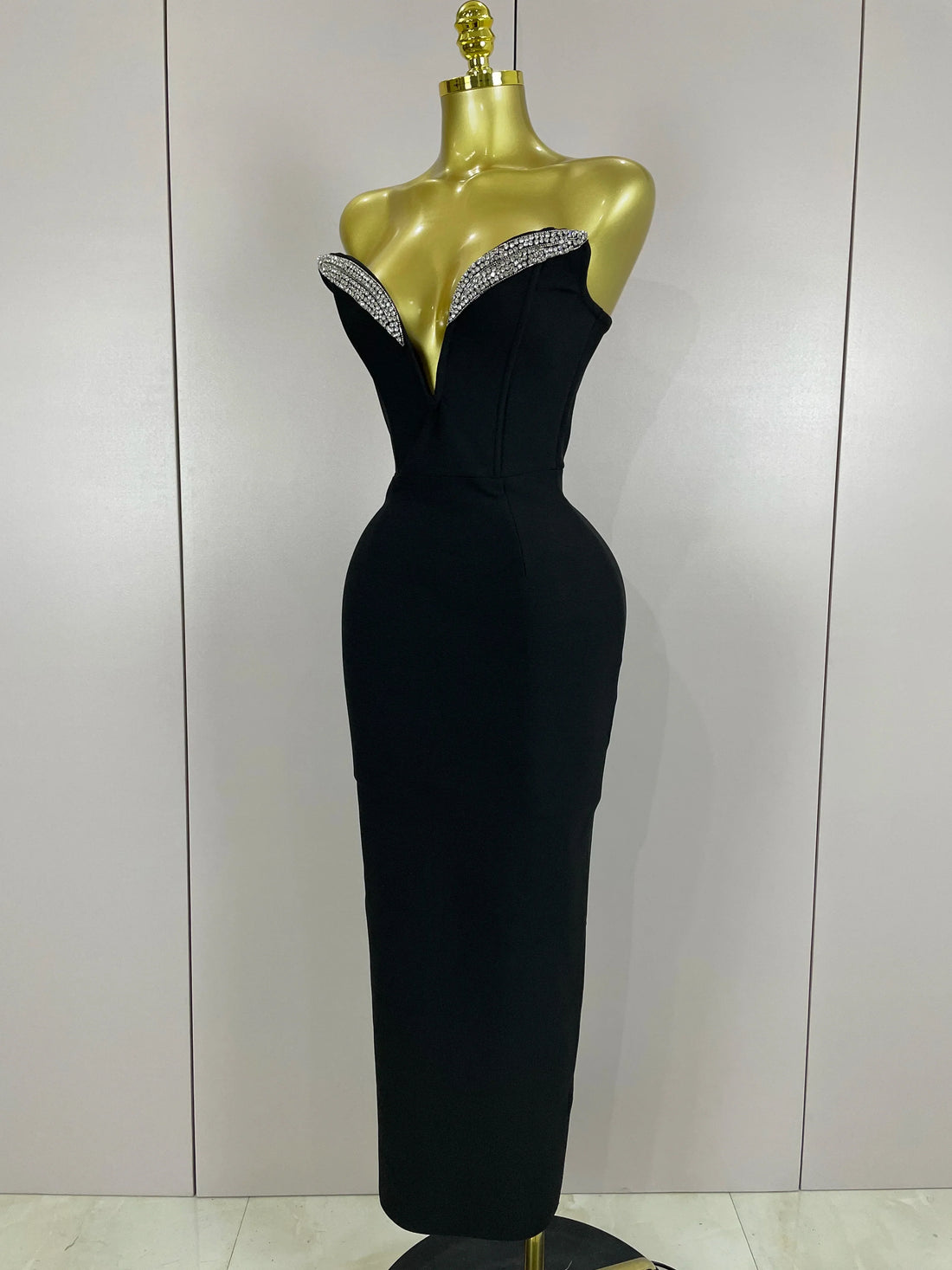Women Sexy Strapless Sparkly Rhinestones Bodycon Bandage Long Dress Fashion Celebrate Evening Party Luxury Birthday Dresses black