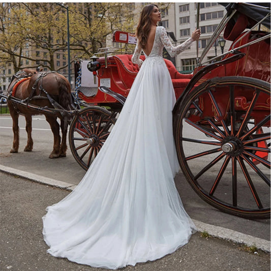 Sodigne boho tulle gaun pengantin gereja menawan v-neck lengan panjang sisi seksi gaun pengantin vestido de novia dibuat khusus