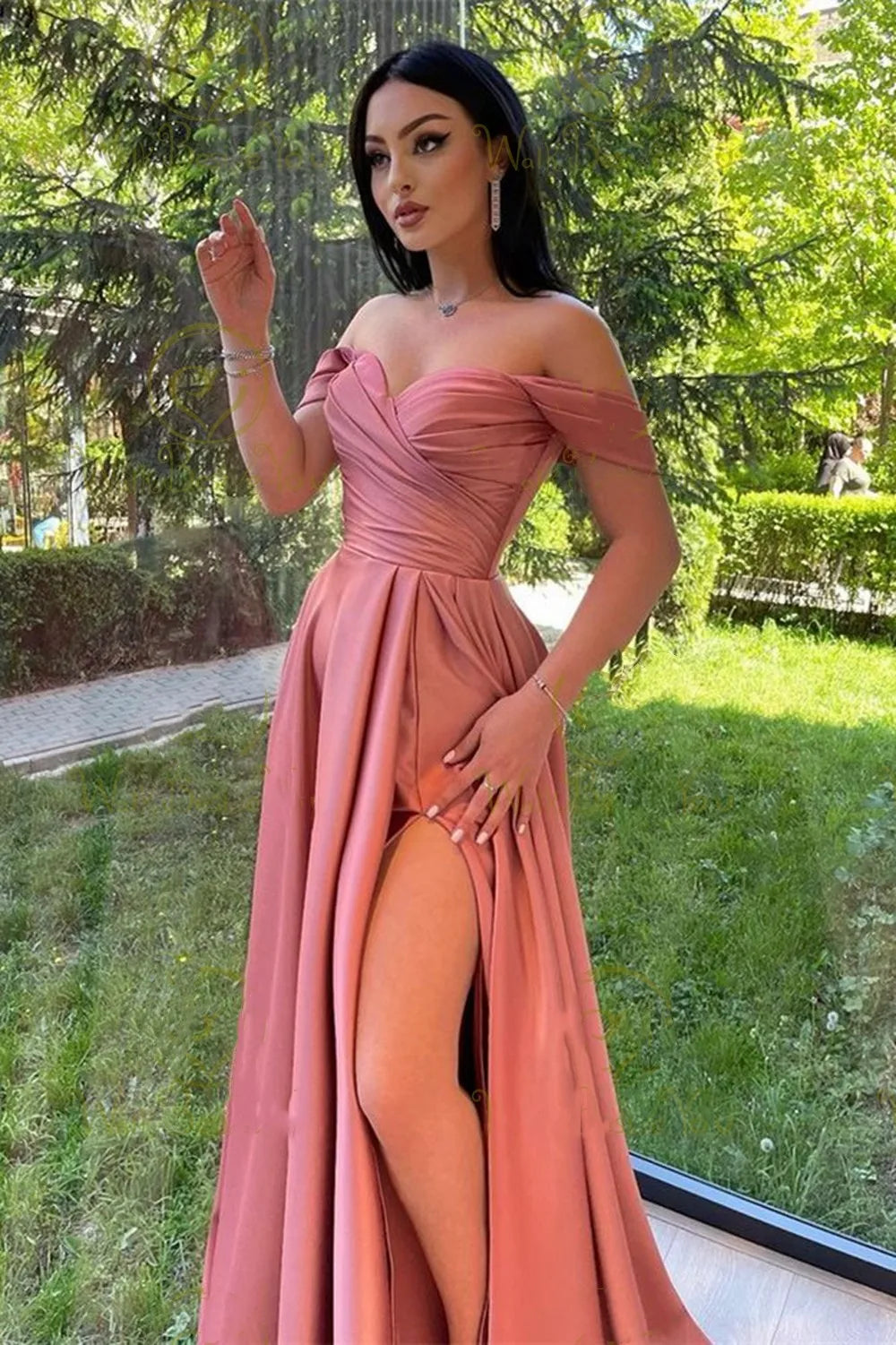 Brown Evening Dresses Satin Off Shoulder Sweetheart A Line with Slit Long Women Simple Prom Gowns Custom made color and size