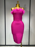Women Sexy Backless Yellow Bodycon Bandage Dress Strapless Celebirty Elegant Feather Dresses Luxury Birthday Club Party Outfit Rose Red