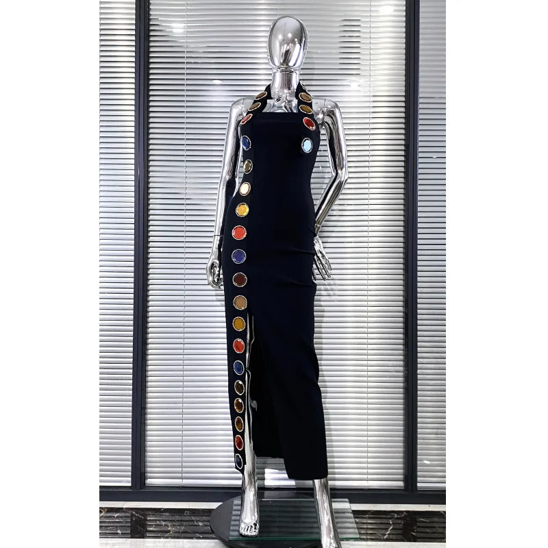 Summer Special Design Shining Colorful Diamonds Sexy Halter Black Bandage Dress Woman Birthday Party Dress Club Party Outfit