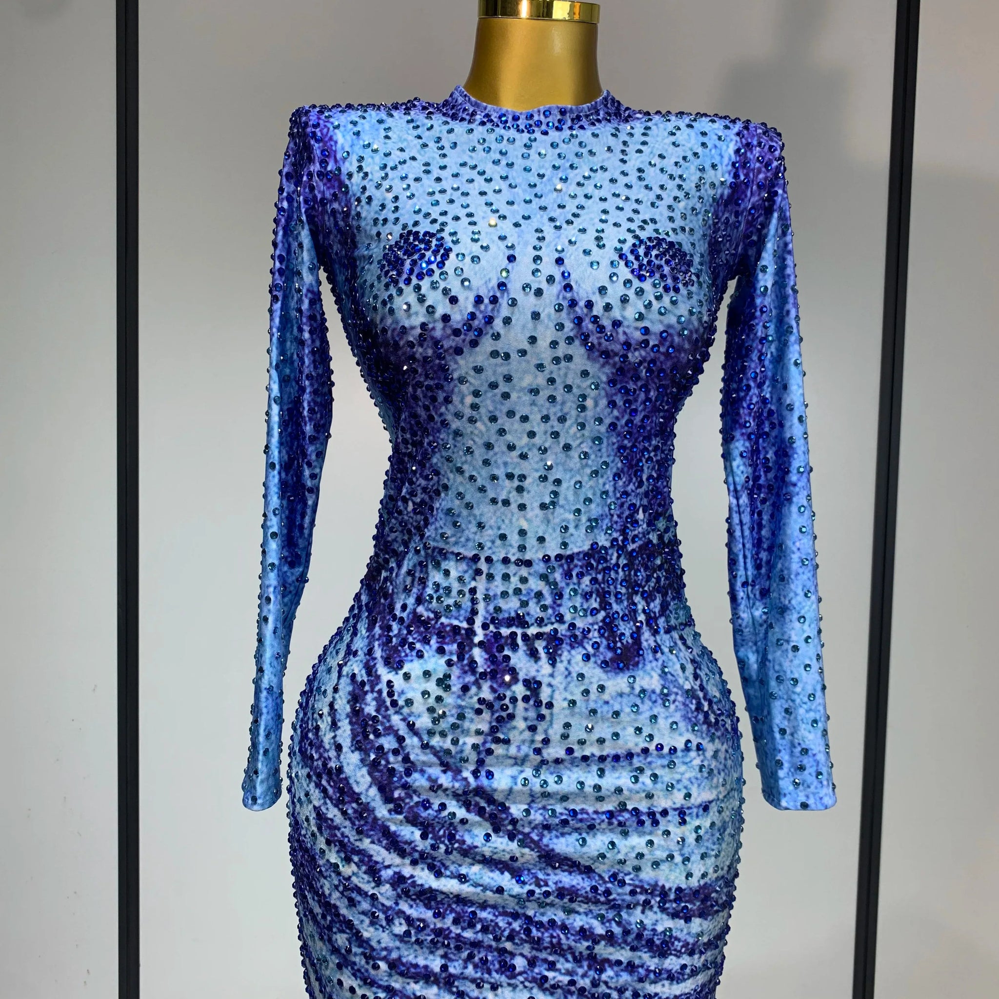 Ladies Sexy Sparkly Rhinestones Blue Long Sleeve Short Dress Women