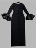 Elegant Women's Black Maxi Dress Stand up Neck Flare Sleeves Bodycon Bandage Long Dresses Cocktail Evening Party Vestidos Black 1