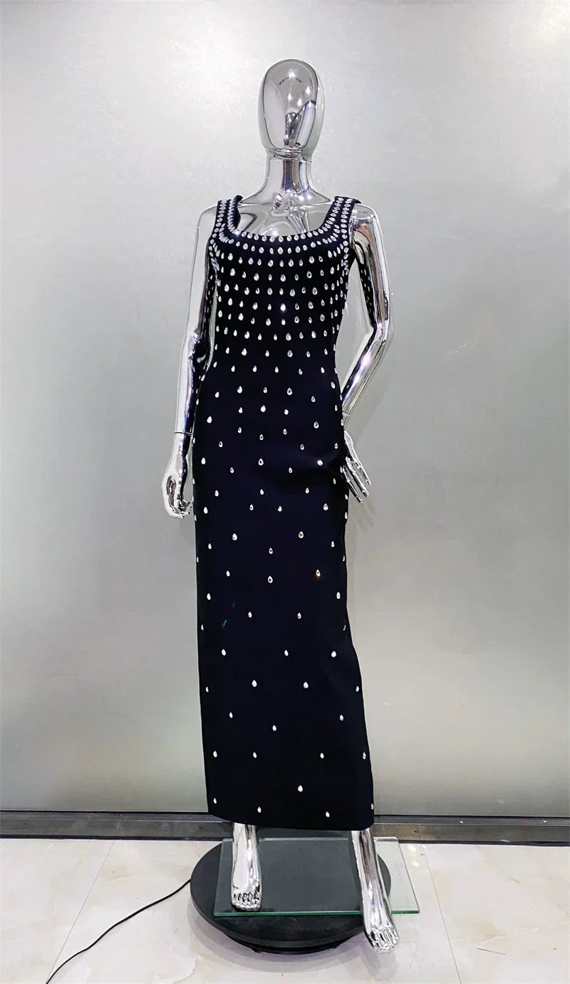 Luxury Diamonds Sexy Square Collar Package Hips Bandage Dress Fashion Woman Evening dress Celebrity Cocktail Party Outfit black