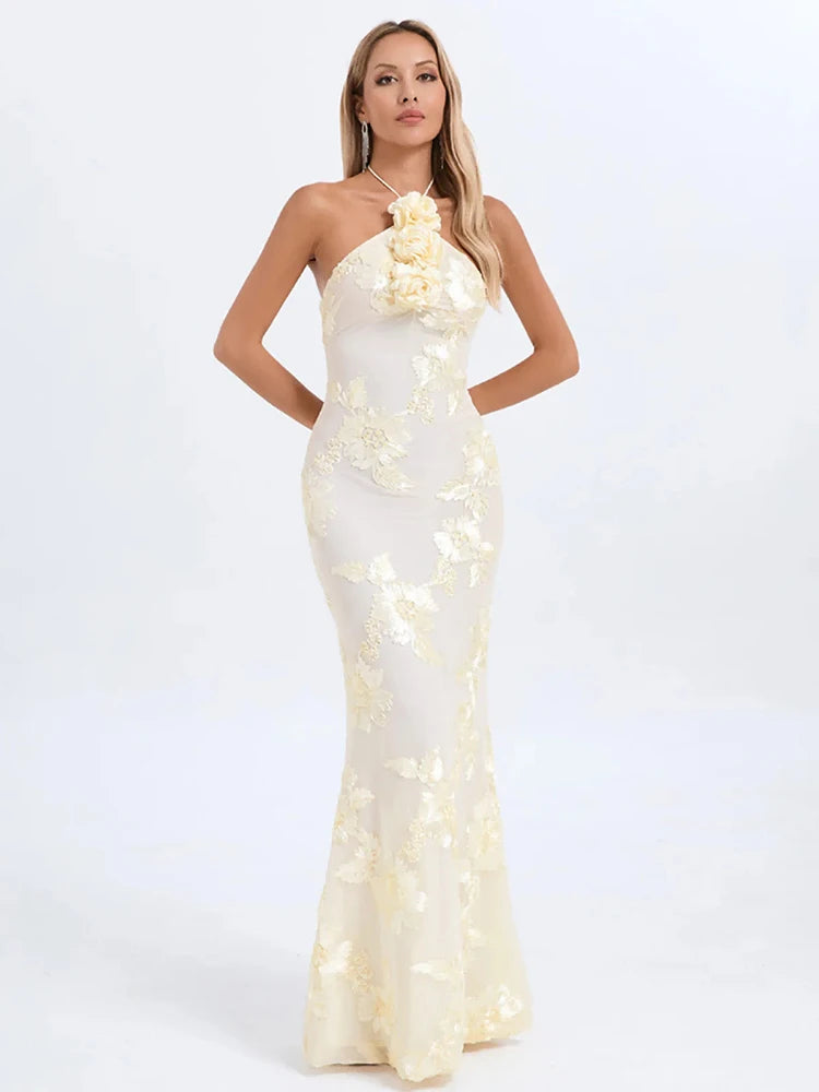 Sexy Halter Neck 3D Flowers Bodycon Long Dress Women Beige Sleeveless Lace-up Floor Length Evening Party Long Wedding Gowns
