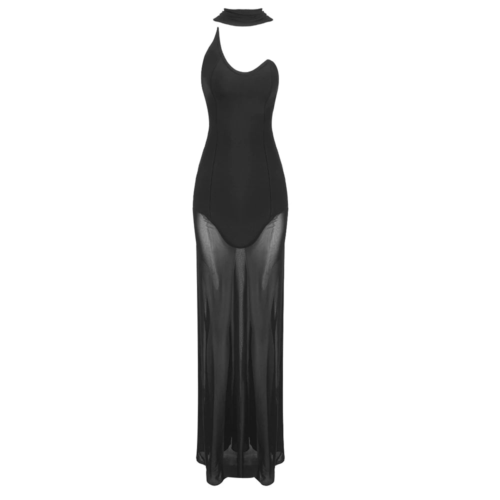 Strapless A Line Long Bandage Dress Black Mesh Patchwork Elegant Women Blackless Evening Party Gowns with Ribbon black