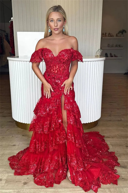 Red Shiny Sequins Prom Dress Sexy Side High Split فساتين السهرة Off Shoulder V-neck tidos de noche