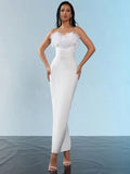Spring Sexy Women Feather Design Bandage Dress Strapless Sleeveless Bodycon Backless Long Dress Evening Club Party Vestidos WHITE