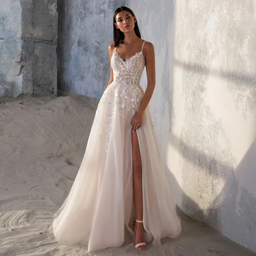 Gaun Pengantin Berkilau Seksi Tali Spageti V Neck Neck Sequined Lace High Slit Lembut Gaun Pengantin Jubah Backless De Mariée