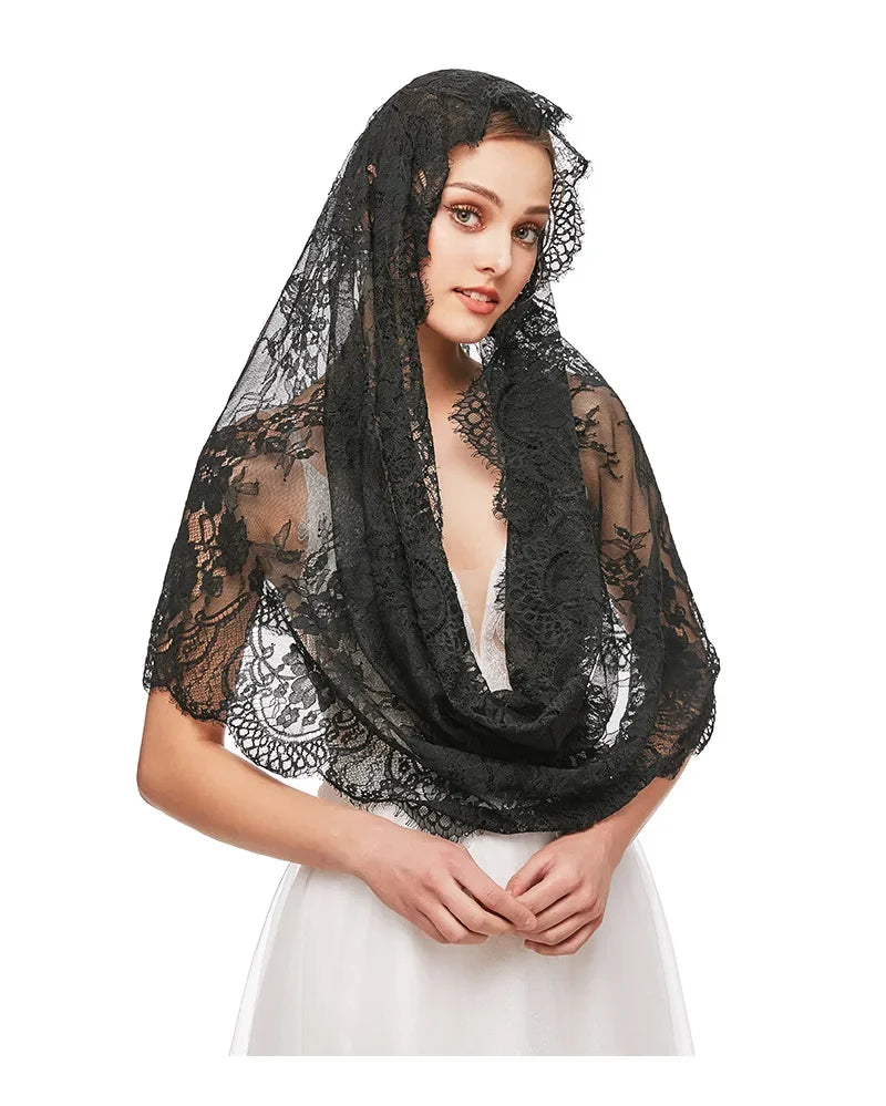Lace Church Veils For Women Muslim Head Covering Scarf Shawl Spanish Style Mantilla Veil White Black Bridal Veil For Wedding