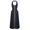 Edgy-Chic Denim Halter Zipper Sleeveless Backless Maxi Dress for Fashion Date Night Gown AS PIC