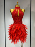 Sexy Halter Backless Feather Pearl Short Party Dress Women Luxury Rhinestone Celebrate Birthday Outfit Performance Dance Costume Red
