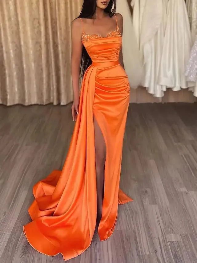 Evening Dresses Long Beaded Sequined Mermaid Spaghetti Straps Pleats High Slit Stretchy Satin Prom Gowns Formal Party Orange